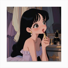 Cartoon Cartoon Style From The 90s, A Cute Girl, Round Face, Pale Skin, Powder Blusher ,Close Up,Long Straight Black Hair , Princess Cut, In A Light Purple Dress, Earrings, Holding A Chanel Lipstick,Sitting In Canvas Print