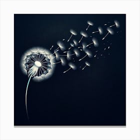"Whispers of the Wind"  A single dandelion loses its seeds to the gentle caress of the wind, each seed a delicate dance of light and shadow against the dark canvas. This moment of fleeting beauty is captured with a remarkable attention to detail, highlighting the fragile yet resilient nature of life.  This artwork symbolizes hope and the delicate nature of new beginnings, making it a perfect statement piece that brings a touch of elegance and contemplation to any space. Own the essence of change and the beauty of letting go, embodied in this ethereal design. Canvas Print