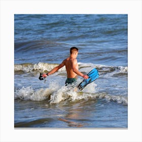 Young Swimmer surfing snorkeling water sea man guy lad waves square photo photography Canvas Print