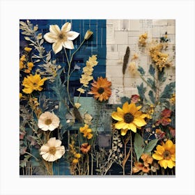 Collaged Flowers, wall art of Eclectic collage with vibrant dried flowers and textured backgrounds of fabric swatches, handwritten notes, and sheet music Canvas Print