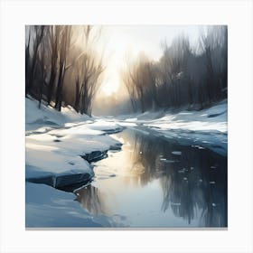 Winter Woodland Landscape, River Reflections 1 Canvas Print