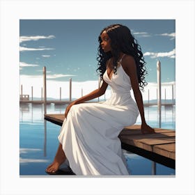 Black Woman Sitting On Dock Canvas Print