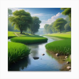 River In A Green Field 1 Canvas Print