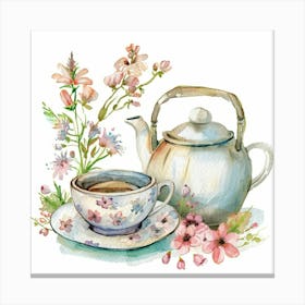 Cute Pastel Floral Watercolor Teapot And Tea Cup Canvas Print