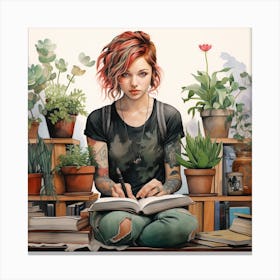 Girl Reading A Book With Plants Watercolour Canvas Print