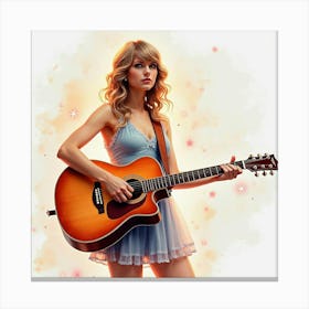 Watercolor Image Of Taylor Swift With A Guitar, Surrounded By Glowing Stars Canvas Print