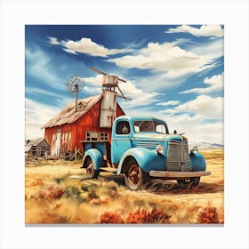 Blue Truck In The Countryside Canvas Print
