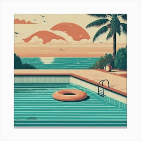Retro Beach Scene Flat Design Illustration Canvas Print