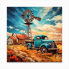 Blue Truck And Windmill Canvas Print