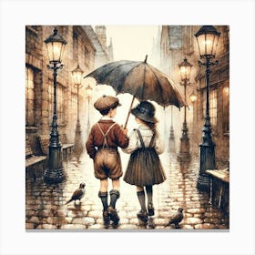 Children In The Rain Canvas Print