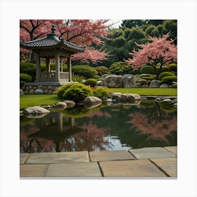 A Peaceful Japanese Garden With A Koi Pond, Stone Lanterns, And Blossoming Cherry Trees 2 1 Canvas Print