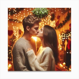 Couple Kissing In Front Of Christmas Lights Canvas Print