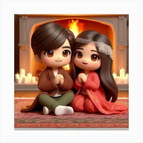 Cute Couple Sitting In Front Of Fireplace Canvas Print