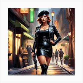 Woman In Black Leather Canvas Print