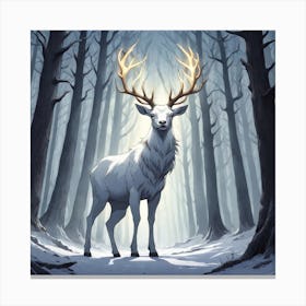 A White Stag In A Fog Forest In Minimalist Style Square Composition 18 Canvas Print