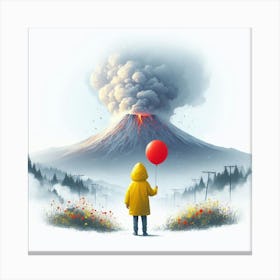 A boy standing with a balloon in front of smokey volcano Canvas Print