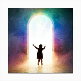 Child Silhouette Emerging Through A Swirling Prismatic Portal Effervescent Colors Radiating Silho Canvas Print