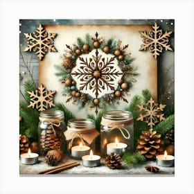 Rustic Christmas Candle Decor with Pine Cones and Snowflakes Canvas Print