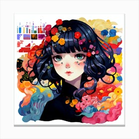 Colorful Anime Girl With Flowers Canvas Print