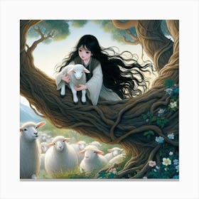 Beautiful young girl with long black shiny hair rescuing a little lamb. Canvas Print