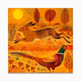 Hare And Pheasant Square Canvas Print