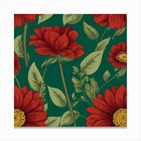 Red Flowers On Green Background Canvas Print