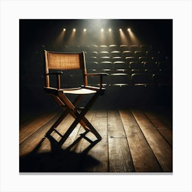 An Empty Director's Chair Sits on a Wooden Stage in a Dark Theater with a Single Spotlight Shining Down on it, Creating a Dramatic and Eerie Atmosphere Canvas Print
