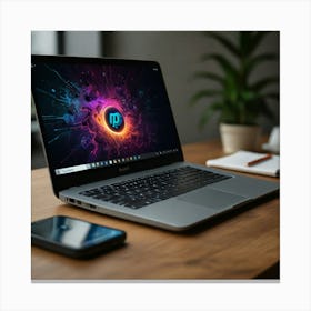 Laptop On A Wooden Table Canvas Print