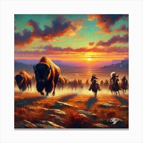 Oil Texture Native American Indians Hunting Buffalo Canvas Print