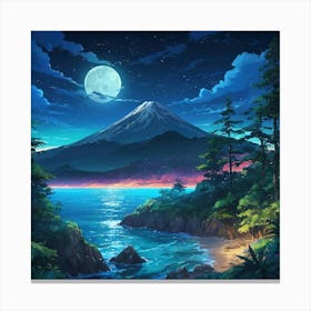 Serene Full Moon Night Over Mount Fuji With a Luminous Seascape Canvas Print