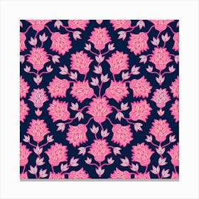 THISTLEDOWN Modern Floral Botanical Damask in Fuchsia Hot Pink Sand on Midnight Blue Canvas Print