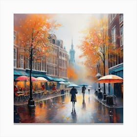 Amsterdam cafes, autumn season, rain, autumn oil colours.Faded colours,People passing on the street, winter clothes, rain umbrellas.11 Canvas Print