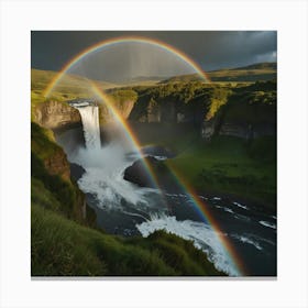 Rainbow Over Waterfall In Iceland Canvas Print