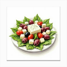 A Watercolor Rendering Of A Fresh And Colorful Greek Salad With Olives And Feta Cheese Canvas Print