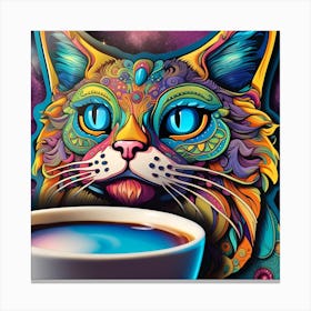 Cat With A Cup Of Coffee Whimsical Psychedelic Bohemian Enlightenment Print 3 Canvas Print