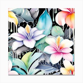 Seamless Tropical Floral Pattern Monochromatic Watercolor Canvas Print