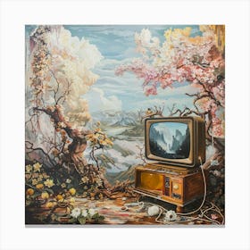 Tv Set an Blossoming Cherry Trees Canvas Print