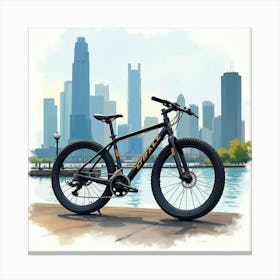 Sports Bike With A Dynamic Urban Skyline In Watercolor 1 Canvas Print