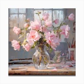 Pink Roses In A Vase Canvas Print