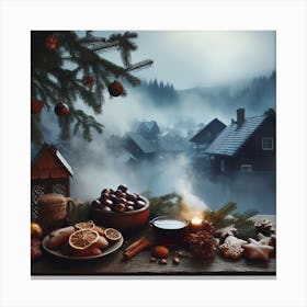 Christmas Village In The Fog Canvas Print