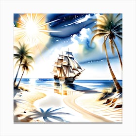 A Watercolor Painting Of A Beach Populated With Palm Trees Casting Elongated Shadows Canvas Print