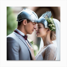 Wedding Couple In Silver Helmets Canvas Print