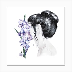 Watercolor Girl With Iris Flowers Square Canvas Print