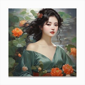 Chinese Girl With Lotus Flowers Canvas Print