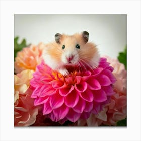 Firefly Cute, Hamster, Pink Dahlia, Bright Colors, Neutral Background, Adorable, Charming, Vibrant, (10) Canvas Print