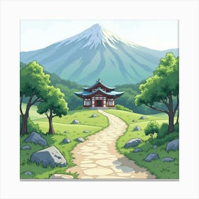 Watercolor Mountain Path Leading To A Secluded Japanese Temple, Serene Landscape 1 Canvas Print