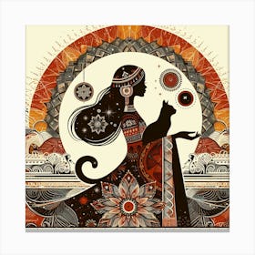 Boho art Silhouette of woman with cat 1 Canvas Print