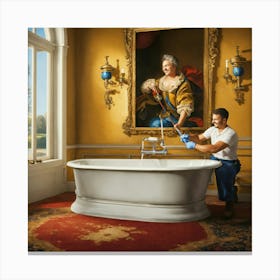 A Happy Plumber Installing Faucet Painting Baroque Canvas Print