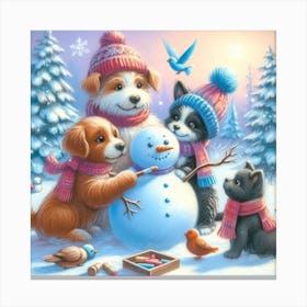 Snowman With Dogs Canvas Print