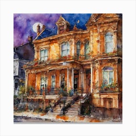 Watercolor painting of a beautiful wooden home in one a neighborhood at night with a shining moon Canvas Print